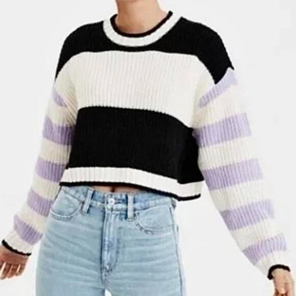 AE | Striped Cropped Crew Neck Sweater In Purple/Black - Picture 9 of 9